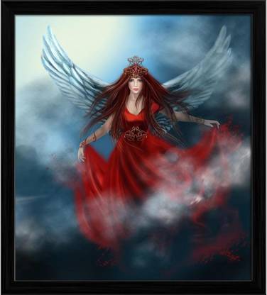Artzfolio ArtzFolio Fantasy Woman Queen with Wings in Clouds Canvas Painting Black Synthetic Frame 24inch x 26.9inch (61cms x 68.3cms) Digital Reprint 26.9 inch x 24 inch Painting