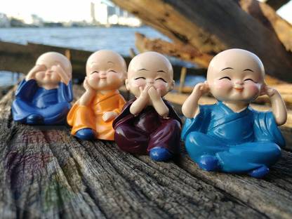 Hanu Collections Laughing Buddha Statue for Car Dashboard/ Cute Little Monks Set of 4 Decorative Showpiece  -  5 cm
