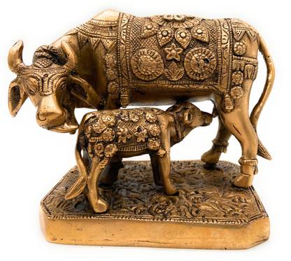 Bhunes Brass Cow | Kamadhenu Cow | Kamdhenu Cow And Calf Brass Sculpture | Holy Cow Brass Idol | Brass Kamadhenu | Holy Cow And Calf Idol | Cow | Gaay Decorative Showpiece  -  16 cm