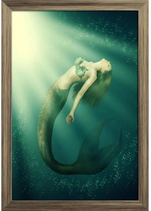 Mermaid With Fish Tail In The Sea Under Water Paper Poster Antique Golden Frame Paper Print