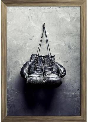 Old Boxing Gloves Hang On Nail Paper Poster Antique Golden Frame Paper Print