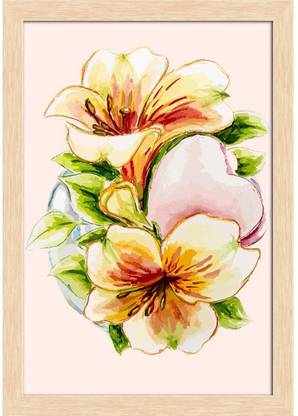 Spring Watercolor Flowers Paper Poster Natural Brown Frame Paper Print