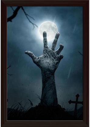 Zombie Hand Rising Out From The Soil Paper Poster Dark Brown Frame | Top Acrylic Glass 13inch x 19inch (33cms x 48.3cms) Paper Print