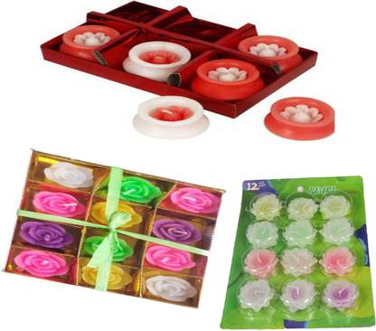 MOONLIGHT Flower Floating Candles | Multi Color | Pack of 12 Candle (Multi-Color, Pack of 12) , Lotus design Flower Floating Candles | Multi Color | Pack of 12 Candle (Multi-Color, Pack of 12) , Unique Diwali Candle | Matki Shape Floating Candles Candle (Multi, Pack of 6) (TOTAL Pack of 30 Candle) Candle