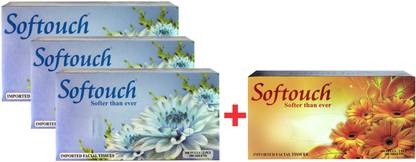 Softouch Ultra Blue & Yellow Soft White 2 Ply Face Tissue, Facial Tissues, paper napkin - 100 pulls Per Box (200 Sheets Per Box + Ultra Blue & Yellow Soft White 2 Ply Face Tissue, ( Pack of 3 box + 1 Box) (400 Tissues)