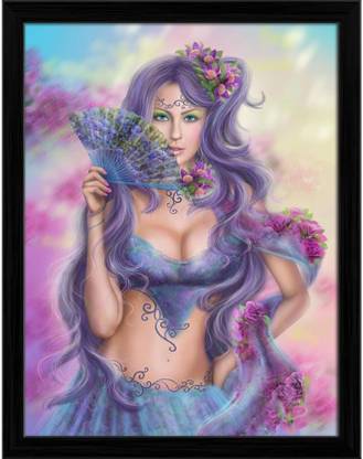 Artzfolio ArtzFolio Fantasy Girl with a Fan Canvas Painting Black Synthetic Frame 12inch x 15.5inch (30.5cms x 39.3cms) Digital Reprint 15.5 inch x 12 inch Painting