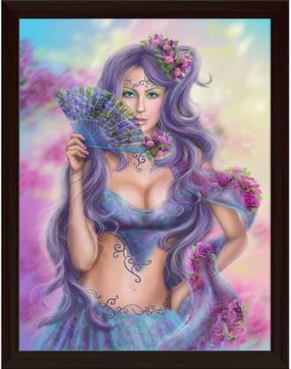 Artzfolio ArtzFolio Fantasy Girl with a Fan Tabletop Painting Dark Brown Frame 10inch x 12.9inch (25.4cms x 32.7cms) Digital Reprint 10.5 inch x 13.4 inch Painting