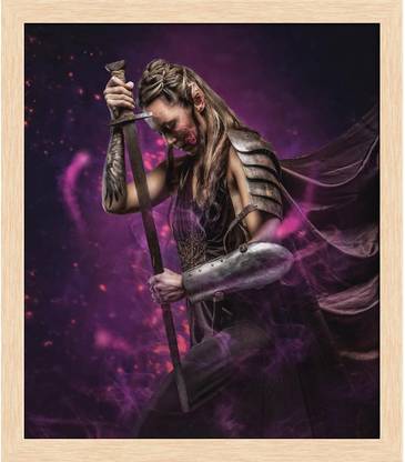 Artzfolio ArtzFolio Elf Woman In Armor Holding Sword Canvas Painting Natural Brown Synthetic Frame 16inch x 18.6inch (40.6cms x 47.1cms) Digital Reprint 18.6 inch x 16 inch Painting