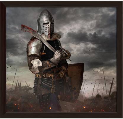 Artzfolio Knight With Sword In Battlefield With Dark Clouds Canvas Painting Dark Brown Wooden Frame 16.8inch x 16inch (42.6cms x 40.6cms) Digital Reprint 16.5 inch x 17.3 inch Painting
