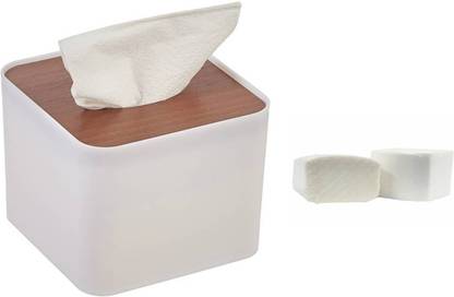 Mist Square Wooden Top Facial Tissue Dispenser and holder for Bathroom Vanity Countertops Bedroom Dressers Night Stands Desks Tables with 2 Refill – White Paper Dispenser