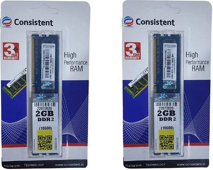 Consistent 1600 DDR2 4 GB (Single Channel) PC (2GB DDR2 RAM COMBO (PACK OF 2 ))
