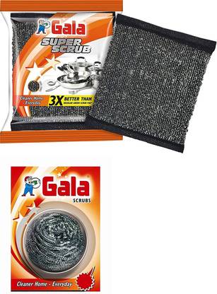 GALA Super Scrub (Pack of 2) & Steel Scrubber (Pack of 1) Scrub Pad, Scrub Sponge