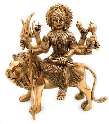 Bhunes Brass Durga Idol |Goddess Durga | Durga Maa | Durga Maa Brass Statue | Goddess Durga Idol For Home | Goddess Durga Statue | Durga Devi Statue For Home | Mandir | Sherawali Decorative Showpiece  -  25 cm
