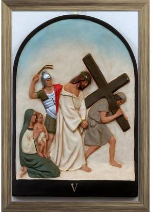 5th Station Of Cross Simon Of Cyrene Carries Cross Paper Poster Antique Golden Frame | Top Acrylic Glass 9inch x 13inch (22.9cms x 33cms) Paper Print