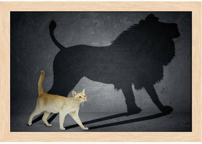 Cat With Lion Shadow On The Wall Paper Poster Natural Brown Frame | Top Acrylic Glass 19inch x 13inch (48.3cms x 33cms) Paper Print