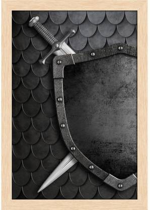 Medieval Shield Paper Poster Natural Brown Frame | Top Acrylic Glass 13inch x 19inch (33cms x 48.3cms) Paper Print