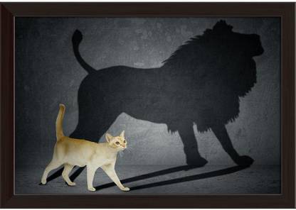 Cat With Lion Shadow On The Wall Paper Poster Dark Brown Frame | Top Acrylic Glass 19inch x 13inch (48.3cms x 33cms) Paper Print