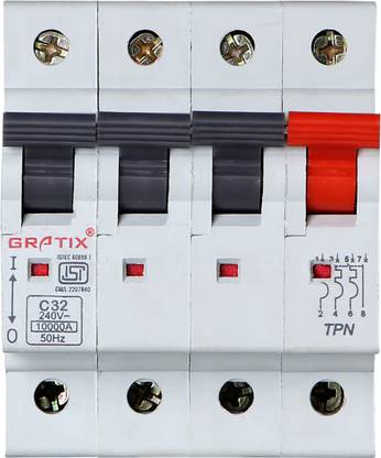 Gratix 32 amp 'C' curve TPN (Triple Pole + Neutral) MCB 4 MCB