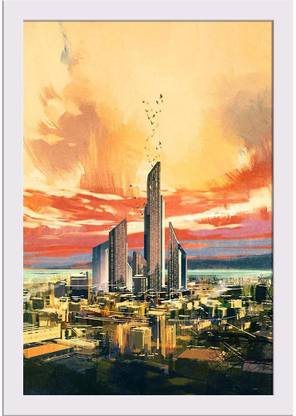 Futuristic Science Fiction City Paper Poster White Frame | Top Acrylic Glass 13inch x 19inch (33cms x 48.3cms) Paper Print