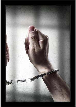 Arrest Man Handcuffed In Cell Prison Paper Poster Black Frame | Top Acrylic Glass 13inch x 19inch (33cms x 48.3cms) Paper Print