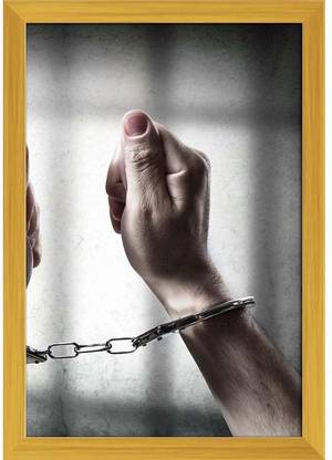 Arrest Man Handcuffed In Cell Prison Paper Poster Golden Frame | Top Acrylic Glass 13inch x 19inch (33cms x 48.3cms) Paper Print