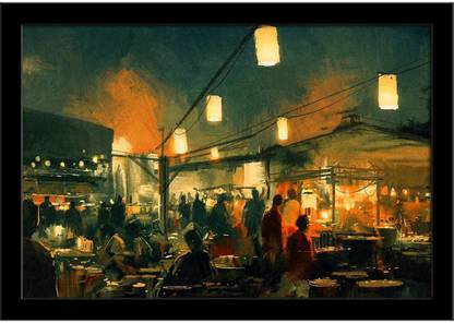 Crowd Of People Walking In The Market Paper Poster Black Frame Paper Print