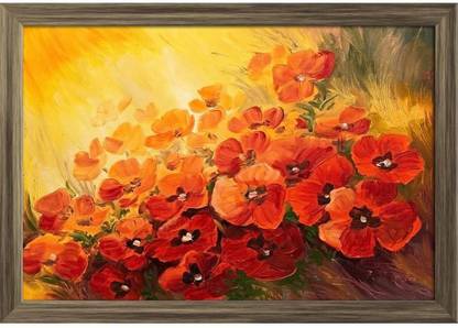 Poppies On A Red Yellow Background Paper Poster Paper Print