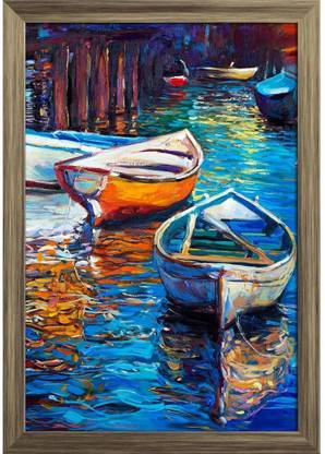 Artwork Of Boats & Jetty D9 Paper Poster Antique Golden Frame | Top Acrylic Glass 13inch x 19inch (33cms x 48.3cms) Paper Print