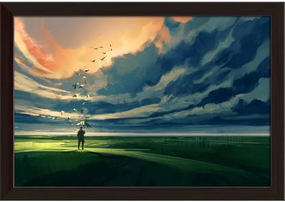 Man Holding An Umbrella Standing Alone Paper Poster Dark Brown Frame | Top Acrylic Glass 19inch x 13inch (48.3cms x 33cms) Paper Print