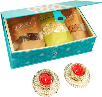 Jaiccha Blue Rectangular Box of Sugarfree Bites, Diet Chiwda, Almonds and T-Lites Combo