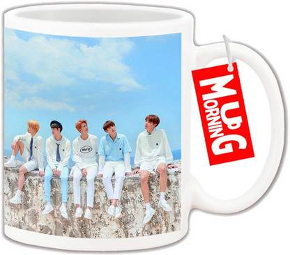 Mug Morning BTS Band Sitting On Wall Sky Background - BTS Band Ceramic Coffee Mug
