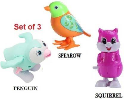 DhyeyCollection Key Operated Sparrow, Penguin & Squirrel Moving Wind Up Chain Toys For Kids (Set of 3)