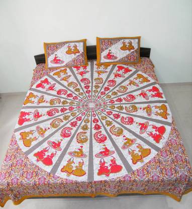 A One Handicrafts 165 TC Cotton King Jaipuri Prints Flat Bedsheet