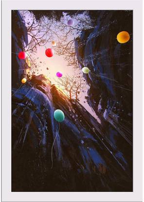 Colored Balloons Floating Into The Sky Paper Poster White Frame | Top Acrylic Glass 13 x 19 inch (33 x 48 cms) Paper Print