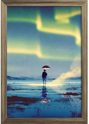 Northern Lights Aurora Borealis Over Man Paper Poster Antique Golden Frame | Top Acrylic Glass 13inch x 19inch (33cms x 48.3cms) Paper Print