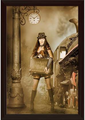 Retro Futurism Art Paper Poster Dark Brown Frame | Top Acrylic Glass Paper Print