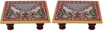 Sheenuu Peacock and Lotus Design Choki for Puja (4x4 inch, Multicolor) Marble Pooja Chowki