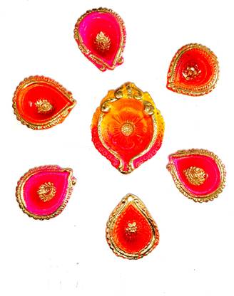 KHUSHA CREATIONS Decorative Diyas For Diwali pooja , Home Decoration , DIY (Set of 5 Diyas With cotton batti , Height 1.2 Inch) Earthenware (Pack of 7) Table Diya Set