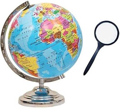 MOM'S GADGETS Globe for Office Table/Globes for Student/World map Globe/Home Decor/Office Globe/Political Globe/Globe for Kids (8 Inch Chrome with Lens) Desk and Table Top Political World Globe