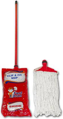HTIPL Fast Clean Red Clip and Fit Wet Floor Mop (100% Bleached Cotton, Multi Color, 300 GM) Mop Head and Rod