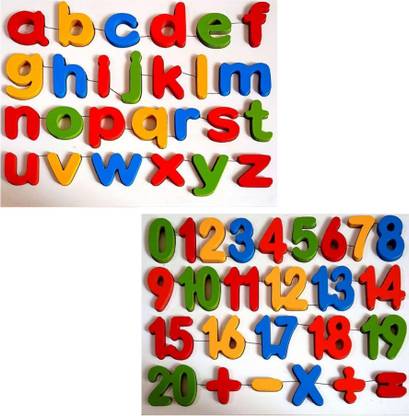 FLICK IN Wooden 3D Number Shape 0-20 and Small Alphabet a-z Letters Educational Learning Digital Montessori Puzzle Board Tray Games Toy for Kids (Multicolored)