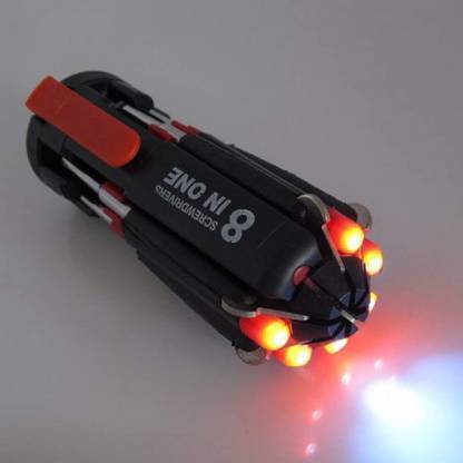 S ENTERPRISE (Red and Black) 8 in 1 Multi-Function Multi-Screwdriver Kit, Tool Kit Set + 6 LED Light Torch Standard Screwdriver Set