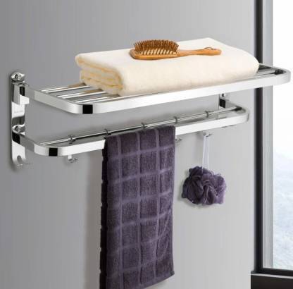 Filox Premium Look Stainless Steel 304 Grade Dual Folding Nickel Chrome Towel Rack for Bathroom/Towel Stand/Hanger/Bathroom Accessories (24 Inch) Silver Towel Holder (Stainless Steel) silver Towel Holder