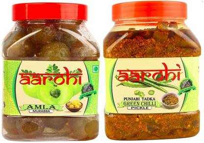 Aarohi Combo of Homemade Natural Organic Dry Amla Murabba 1 Kg & Maa Ke Hathon Se Bana Punjabi Tadka Green Chilli Pickle Hari Mirch Ka Achar 1 Kg Amla, Green Chilli Pickle