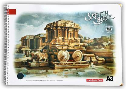 LRS Sketch Book A3 Size - 50 Sheets - Spiral Bound - 140 GSM Natural Cartridge Paper with Butter Paper Sketch Pad