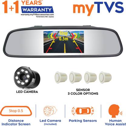 MYTVS Video Reverse Parking Sensor,Digital Rear View Mirror and Camera with Nearest Object Distance Voice Alert(1 Yr Warranty) White LED