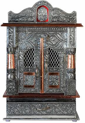 RS HANDICRAFT AND MARBLES Home Designs Wood Home Temple| Wooden Mandir for Pooja Home Decoration Wall Hanging Beautiful Wooden Plywood Temple | Aluminium Home temple with fine designs embossed on metal| (Silver_12 Inchx 17 Inch X 7 Inch) Metal Home Temple