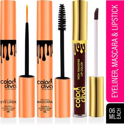 Color Diva Waterproof Eyeliner, Mascara & Liquid Lipstick, 6ml Pack of 3