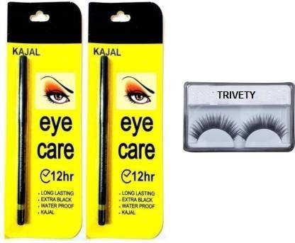 Trivety Eyecare kajal water & smudge proof 12 hrs pack of 2 with false eyelash