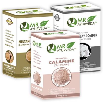 MR Ayurveda 100% Organic Calamine Clay Powder, Multani Mitti Powder & Kaolin Clay Powder - Set of 3